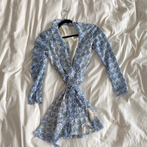 Wilfred Blue Wrap Dress / Long Sleeve With Gold and Red Thread